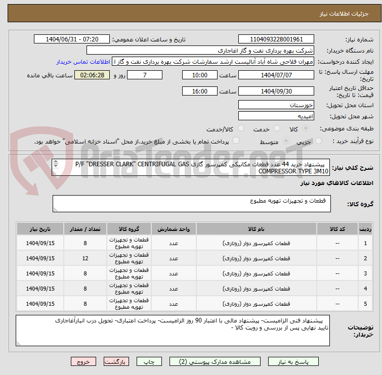 تصویر کوچک آگهی   پیشنهاد خرید 44 عدد قطعات مکانیکی کمپرسور گازی P/F "DRESSER CLARK" CENTRIFUGAL GAS COMPRESSOR TYPE 3M10
