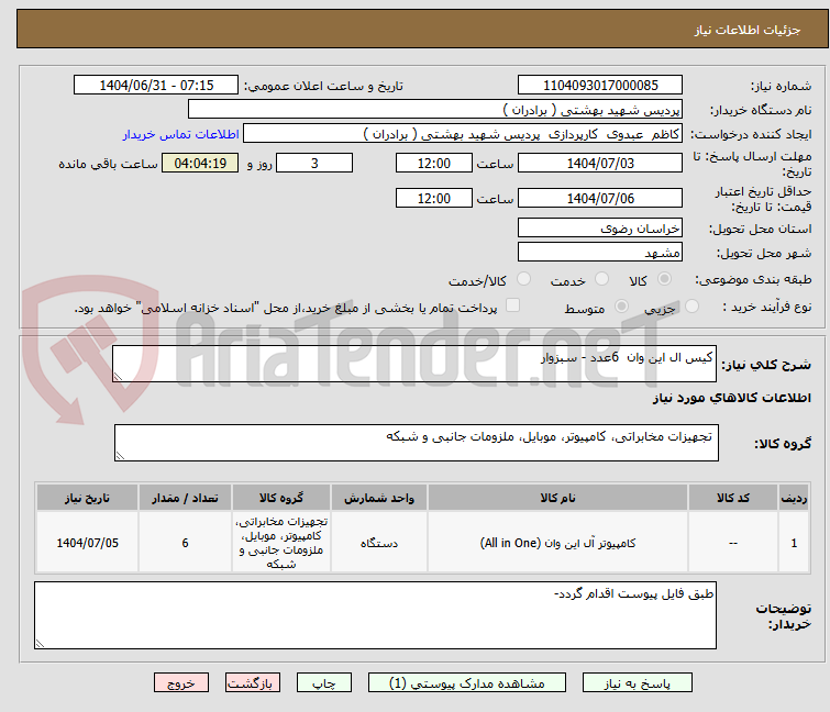 تصویر کوچک آگهی کیس ال این وان  6عدد - سبزوار