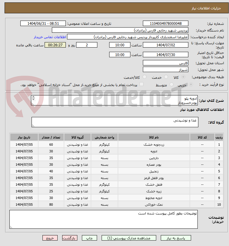 تصویر کوچک آگهی ادویه پلو 
پودرخسرودار 
زردچوبه
دارچین 
پودرسیر 
پودر زنجبیل
فلفل سیاه 
3فلفل قرمز
پودر زیره 
نمک یددار 
نمک زبر 
