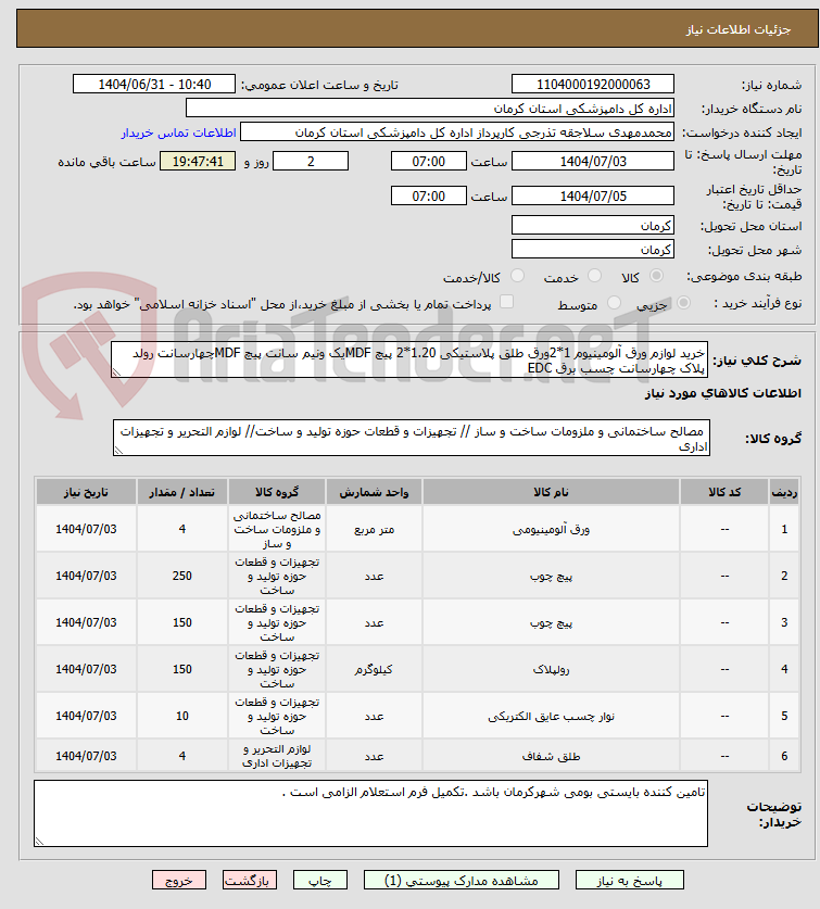 تصویر کوچک آگهی خرید لوازم ورق آلومینیوم 1*2ورق طلق پلاستیکی 1.20*2 پیچ MDFیک ونیم سانت پیچ MDFچهارسانت رولد پلاک چهارسانت چسب برق EDC