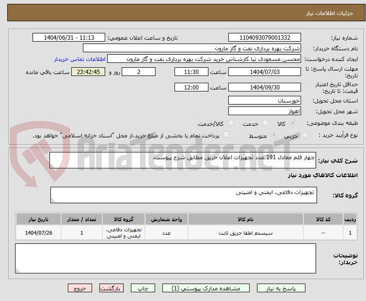 تصویر کوچک آگهی چهار قلم معادل 191 عدد تجهیزات اعلان حریق مطابق شرح پیوست.