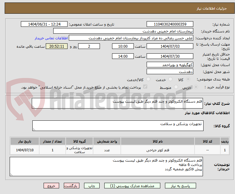 تصویر کوچک آگهی قلم دستگاه الکتروکوتر و چند قلم دیگر طبق لیست پیوست
