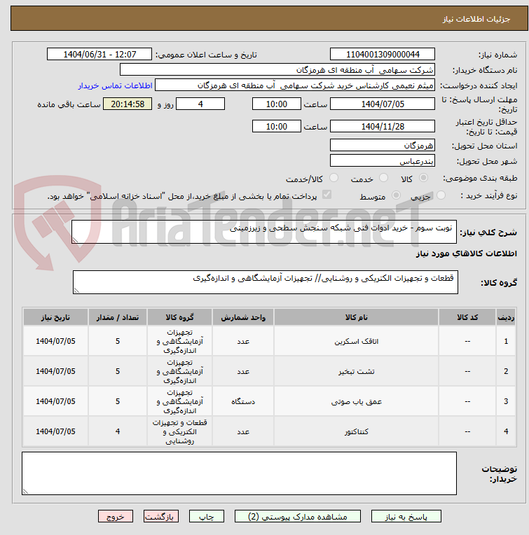 تصویر کوچک آگهی  نوبت سوم - خرید ادوات فنی شبکه سنجش سطحی و زیرزمینی