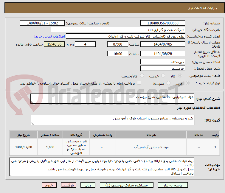 تصویر کوچک آگهی مواد شیمیایی fsa مطابق شرح پیوست