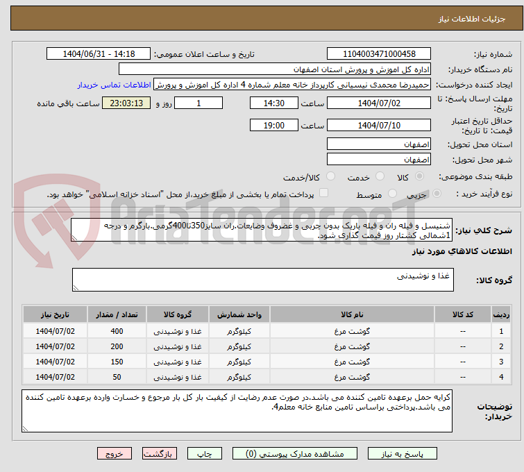 تصویر کوچک آگهی شنیسل و فیله ران و فیله باریک بدون چربی و غضروف وضایعات.ران سایز350تا400گرمی.بارگرم و درجه 1شمالی کشتار روز قیمت گذاری شود.