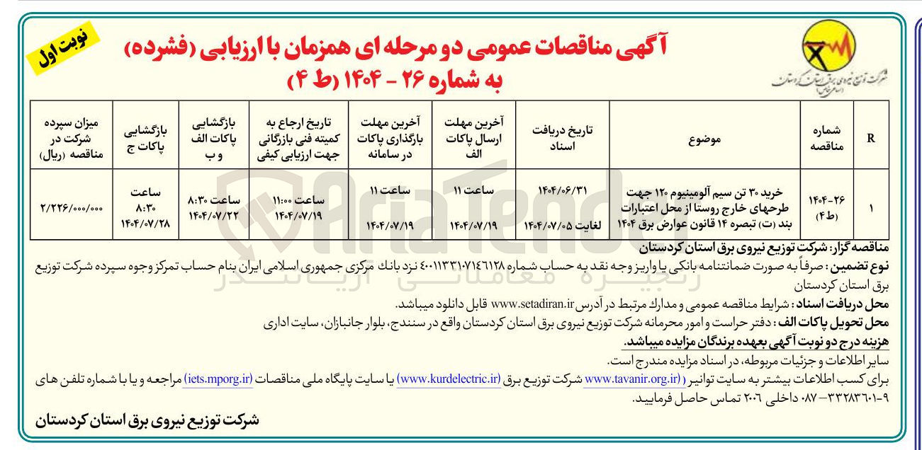 تصویر کوچک آگهی خرید ۳۰ تن سیم آلومینیوم ۱۲۰ جهت طرحهای خارج روستا
