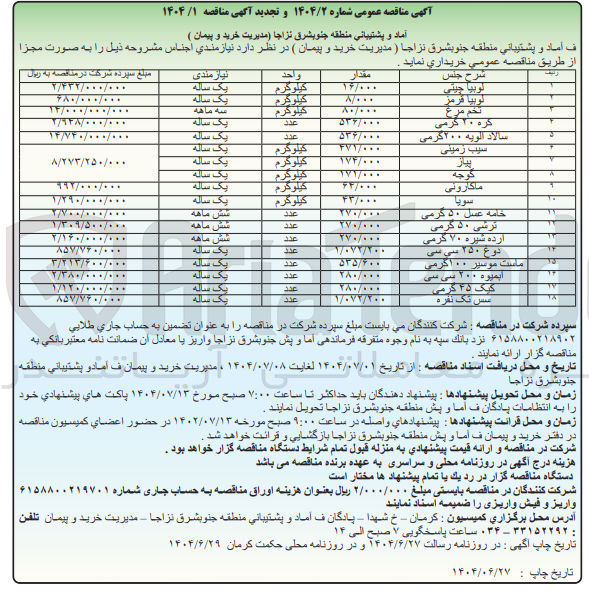 تصویر کوچک آگهی لوبیا چیتی 
لوبیا قرمز 
تخم مرغ 
کره ۲۰ کرمی 
۵۳۶/۰۰۰ 
سالاد الویه ۲۰۰ گرمی 
۵۳۴/۰۰۰ 
سیب زمینی 
۴۷۱/۰۰۰ 
پیاز 
گوجه 
۱۷۴/۰۰۰ 
ماکارونی 
سويا 
خامه عسل ۵۰ گرمی 
٢٧٠/٠٠ 
ترشی ۵۰ گرمی 
۲۷۰/۰۰۰ 
ارده شیره ۷۰ گرمی 
۲۷۰/۰۰۰ 
١/٠٧/١٠٠ 
دوع ۲۵۰ سی سی 
ماست موسیر ۰۰ اگرمی 
۵۳۵/۶۰۰ 
۲۸۰/۰۰۰ 
ابمیوه ۲۰۰ سی سی 
کیک ۴۵ گرمی 
سس تک نفره 
