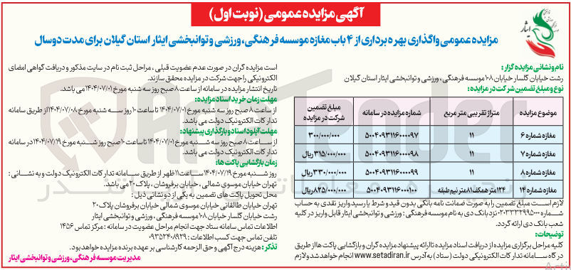 تصویر کوچک آگهی واگذاری بهره برداری از ۴ باب مغازه