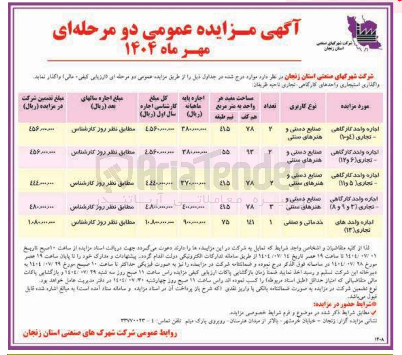 تصویر کوچک آگهی واگذاری استیجاری واحدهای کارگاهی