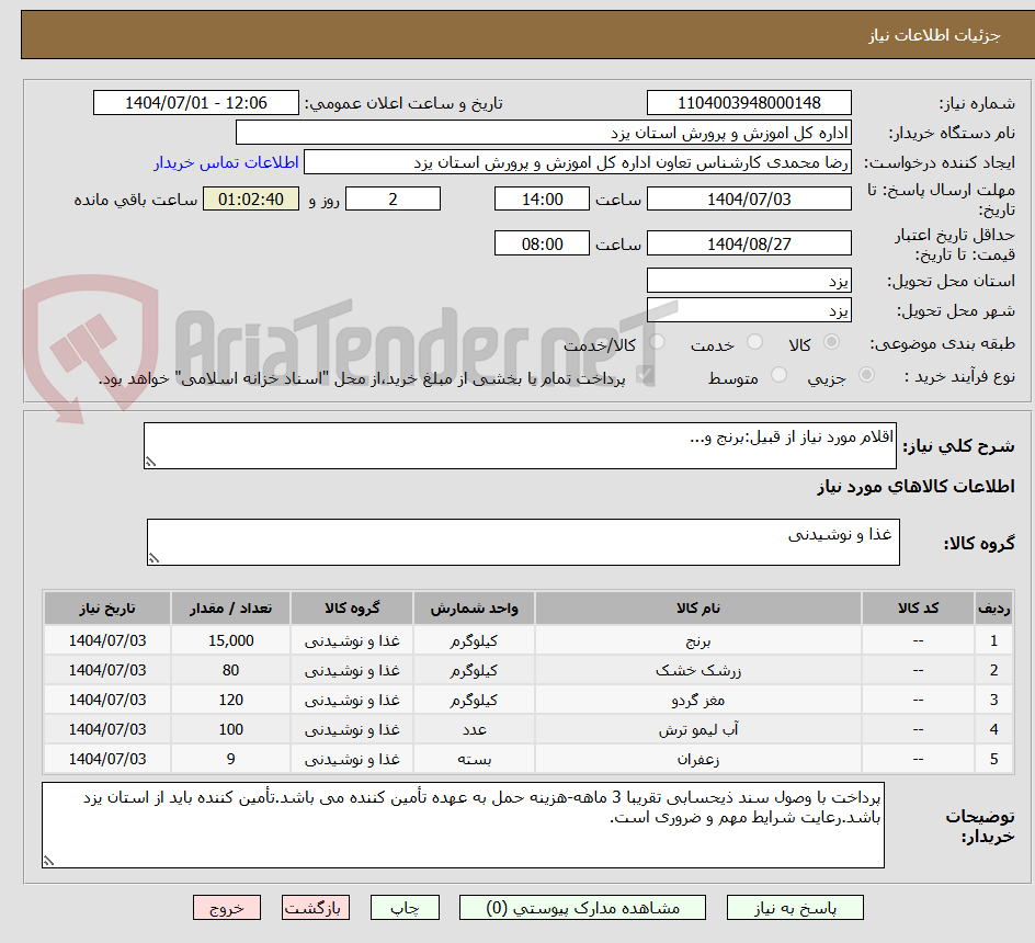 تصویر کوچک آگهی اقلام مورد نیاز از قبیل:برنج و...