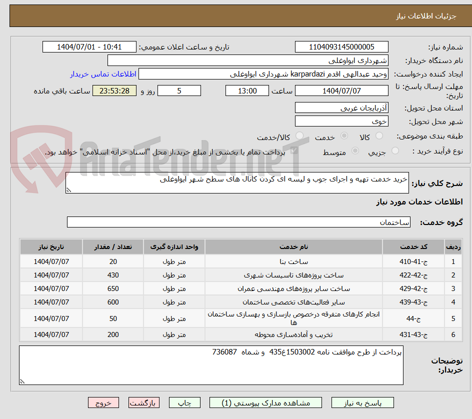 تصویر کوچک آگهی خرید خدمت تهیه و اجرای جوب و لیسه ای کردن کانال های سطح شهر ایواوغلی
