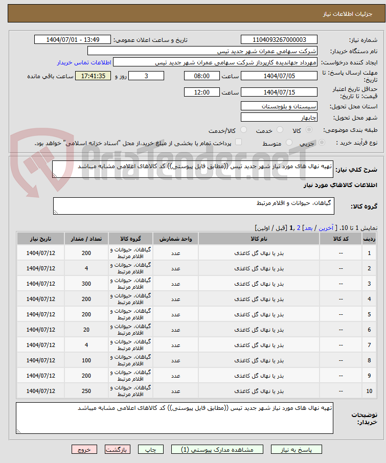تصویر کوچک آگهی تهیه نهال های مورد نیاز شهر جدید تیس ((مطابق فایل پیوستی)) کد کالاهای اعلامی مشابه میباشد