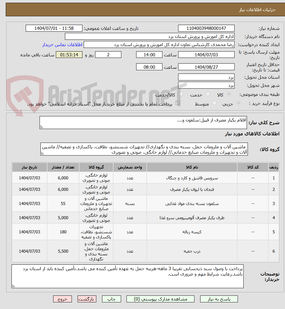 تصویر کوچک آگهی اقلام یکبار مصرف از قبیل:سلفون و....