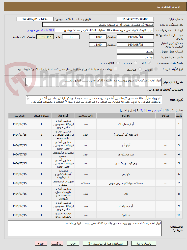 تصویر کوچک آگهی ابزار الات (اطلاعات به شرح پیوست می باشد) کالاها می بایست ایرانی باشند