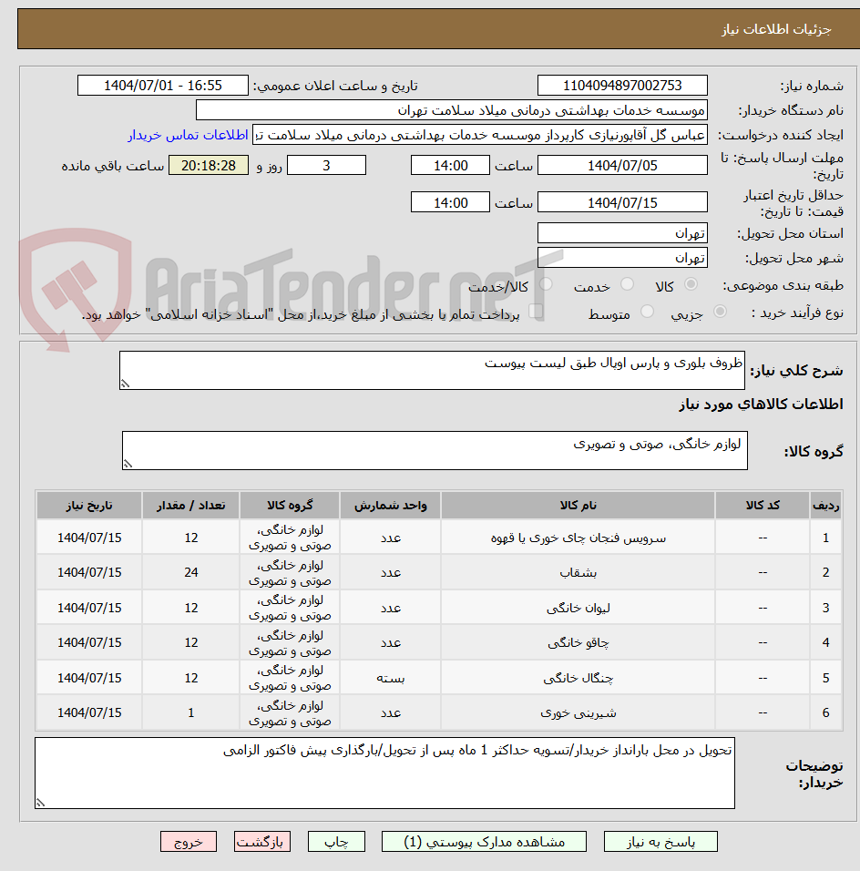 تصویر کوچک آگهی ظروف بلوری و پارس اوپال طبق لیست پیوست 