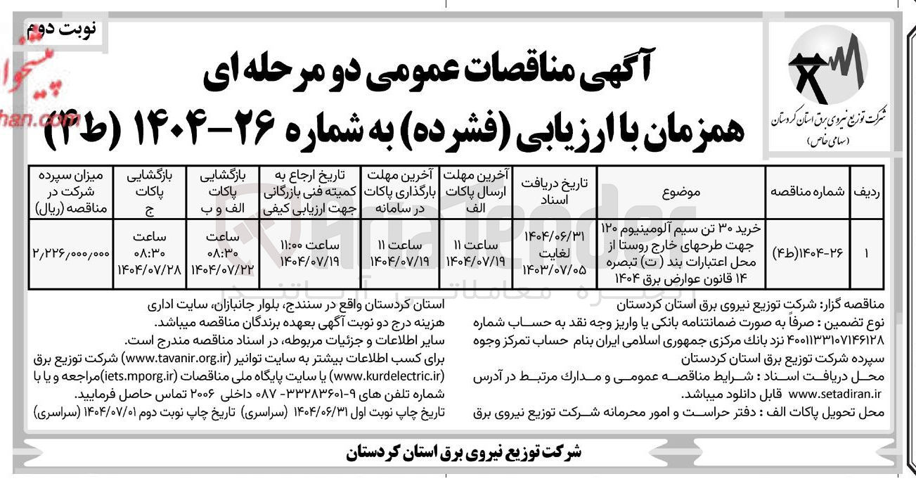 تصویر کوچک آگهی خرید ۱۳۰ تن سیم  آلومینیوم ۱۲۰