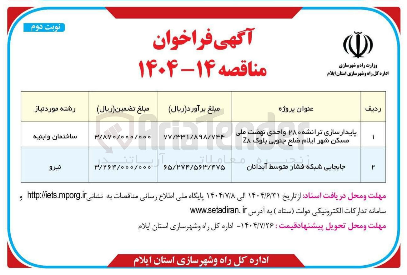 تصویر کوچک آگهی پایدارسازی ترانشه ۲۸۰ واحدی