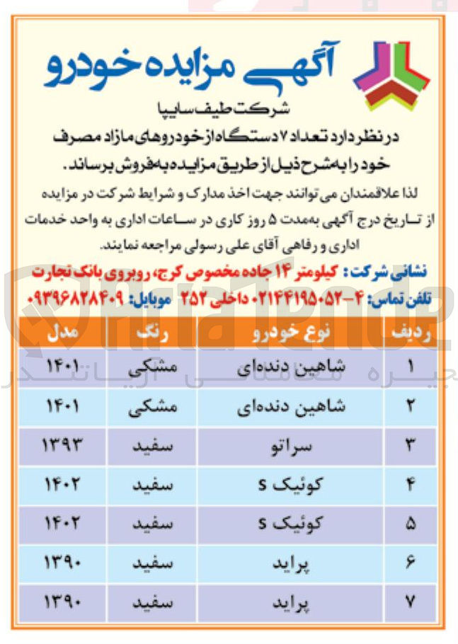 تصویر کوچک آگهی فروش تعداد ۷ دستگاه از خودروهای مازاد مصرف