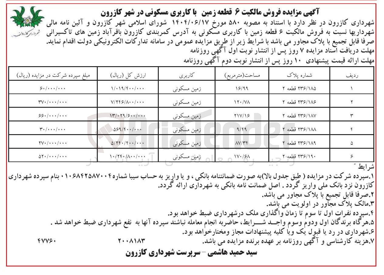 تصویر کوچک آگهی فروش مالکیت ۶ قطعه زمین با کاربری مسکونی
