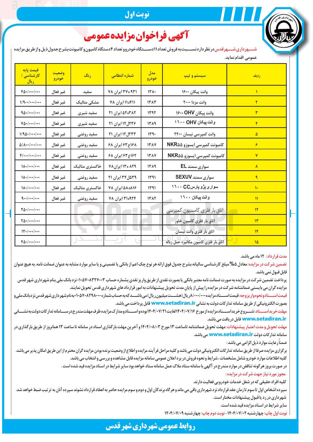 تصویر کوچک آگهی فروش تعداد ۱۱ دستگاه خودرو و تعداد ۴ دستگاه کامیون و کامیونت