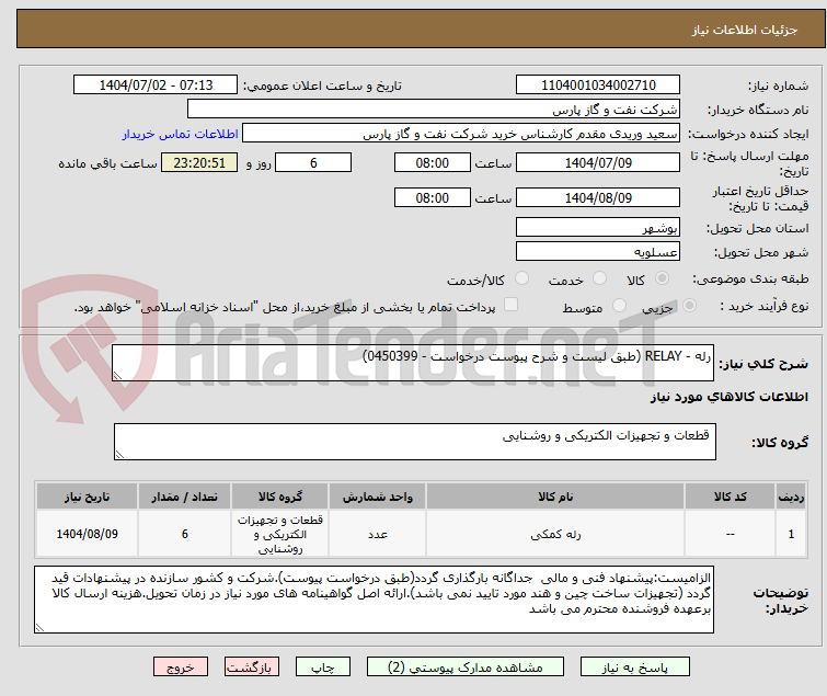تصویر کوچک آگهی رله - RELAY (طبق لیست و شرح پیوست درخواست - 0450399)