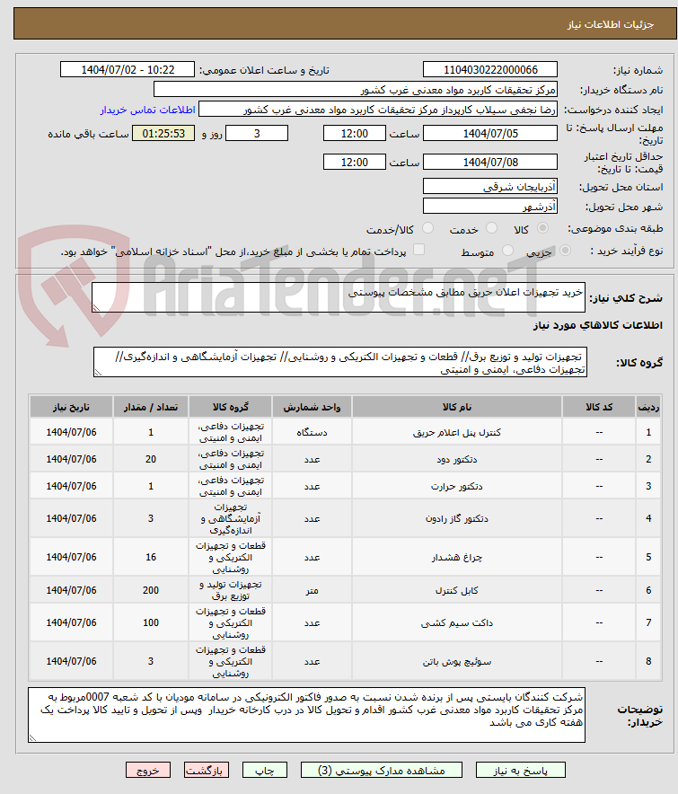 تصویر کوچک آگهی خرید تجهیزات اعلان حریق مطابق مشخصات پیوستی