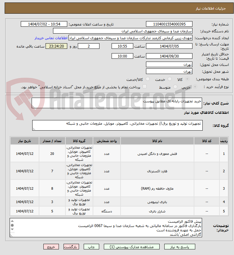 تصویر کوچک آگهی خرید تجهیزات رایانه ای مطابق پیوست