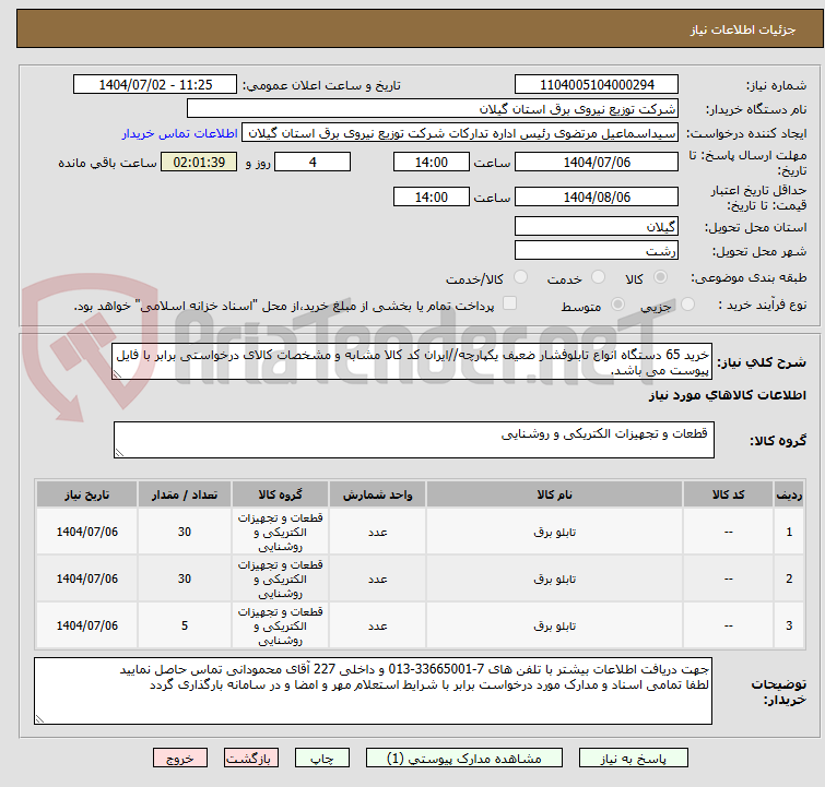 تصویر کوچک آگهی خرید 65 دستگاه انواع تابلوفشار ضعیف یکپارچه//ایران کد کالا مشابه و مشخصات کالای درخواستی برابر با فایل پیوست می باشد.