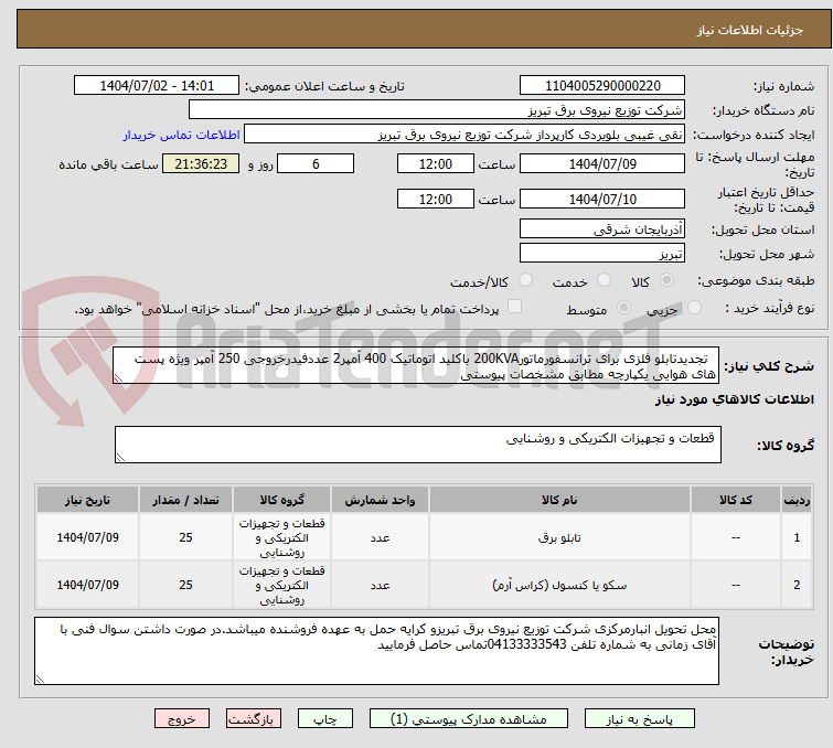 تصویر کوچک آگهی   تجدیدتابلو فلزی برای ترانسفورماتور200KVA باکلید اتوماتیک 400 آمپر2 عددفیدرخروجی 250 آمپر ویژه پست های هوایی یکپارچه مطابق مشخصات پیوستی
