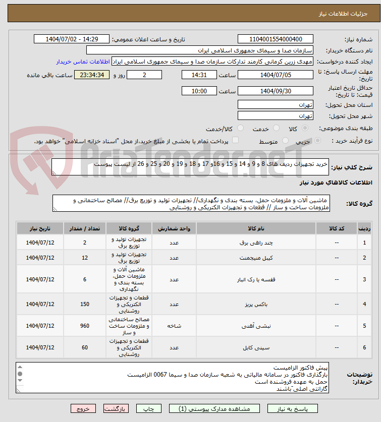 تصویر کوچک آگهی خرید تجهیزات ردیف های 8 و 9 و 14 و 15 و 16و 17 و 18 و 19 و 20 و 25 و 26 از لیست پیوست