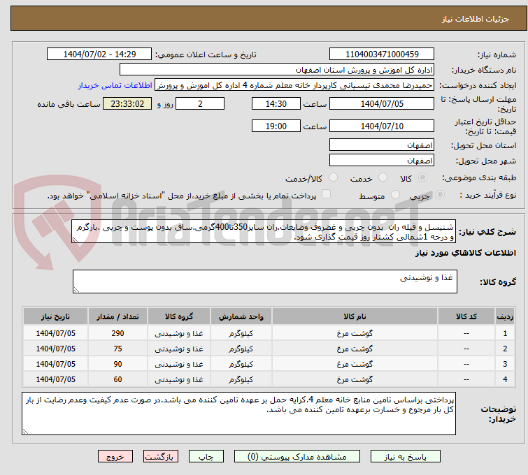 تصویر کوچک آگهی شنیسل و فیله ران  بدون چربی و غضروف وضایعات.ران سایز350تا400گرمی.ساق بدون پوست و چربی .بارگرم و درجه 1شمالی کشتار روز قیمت گذاری شود.