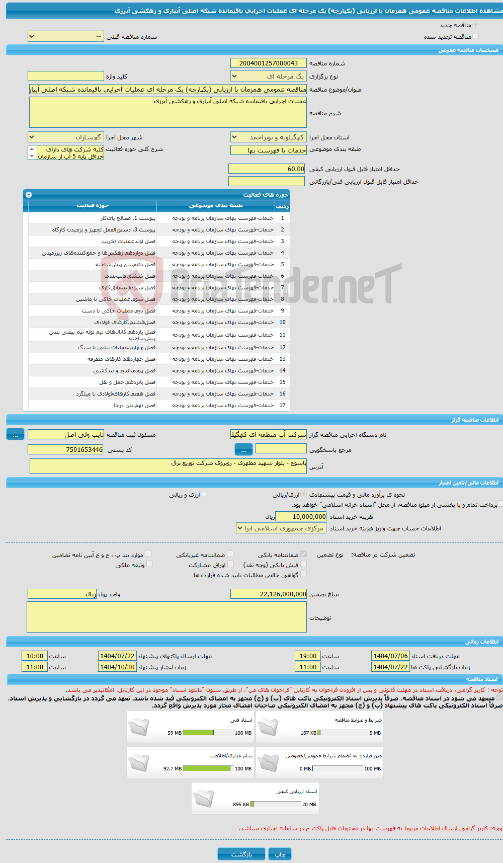 تصویر کوچک آگهی مناقصه عمومی همزمان با ارزیابی (یکپارچه) یک مرحله ای عملیات اجرایی باقیمانده شبکه اصلی آبیاری و زهکشی آبرزی