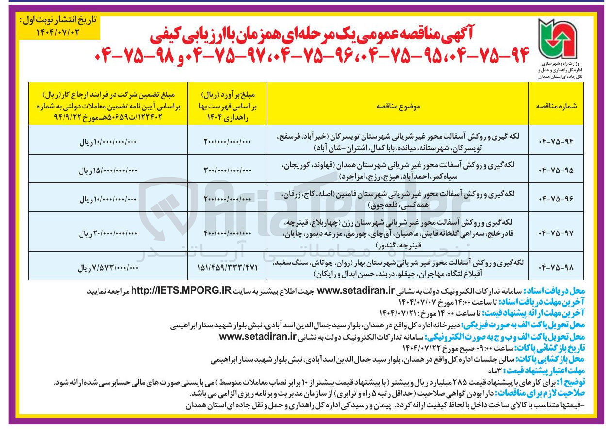 تصویر کوچک آگهی لکه گیری و روکش آسفالت محور غیر شریانی