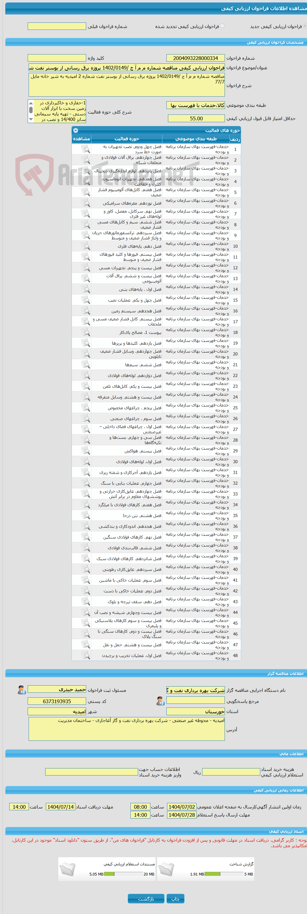 تصویر کوچک آگهی فراخوان ارزیابی کیفی مناقصه شماره م م آ ج /1402/0149 پروژه برق رسانی از بوستر نفت شماره 2 امیدیه به شیر خانه مایل 77/7