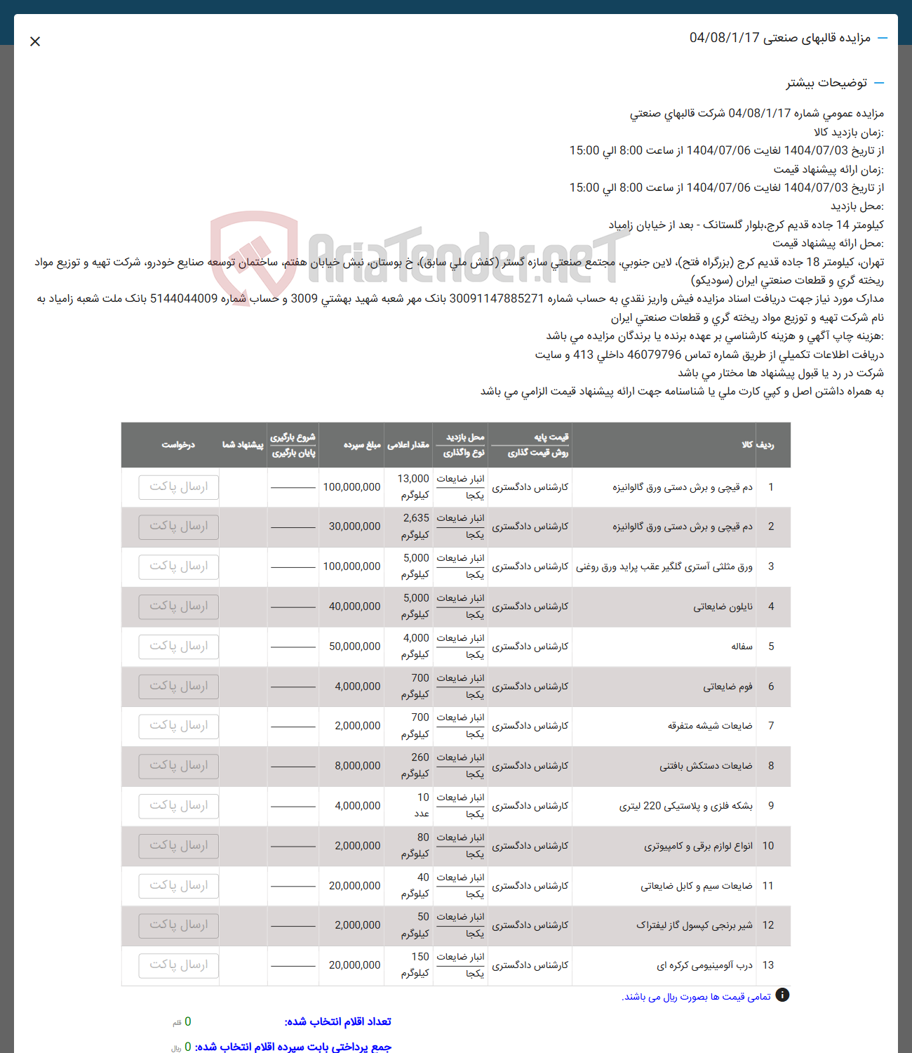 تصویر کوچک آگهی فروش اقلام در ۱۳ ردیف : دم قیچی،لوازم برقی و کامپیوتری ، ضایعات دستکش،ضایعات سیم و کابل و ......