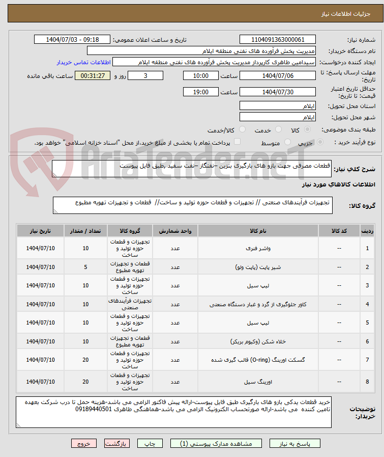 تصویر کوچک آگهی قطعات مصرفی جهت بازو های بارگیری بنزین –نفتگاز –نفت سفید ,طبق فایل پیوست