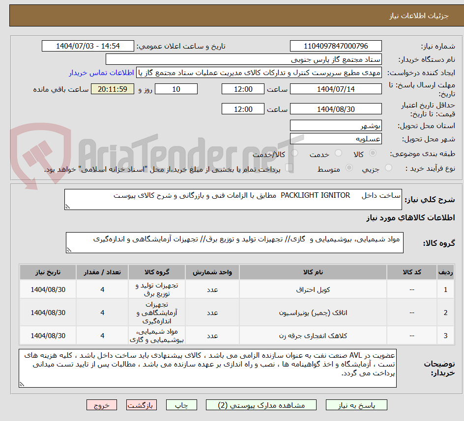 تصویر کوچک آگهی ساخت داخل PACKLIGHT IGNITOR مطابق با الزامات فنی و بازرگانی و شرح کالای پیوست