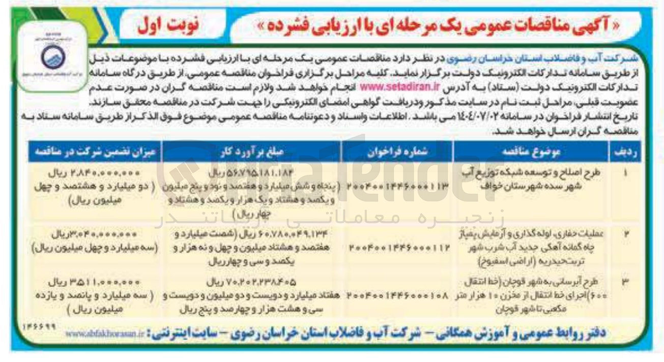 تصویر کوچک آگهی طرح اصلاح و توسعه شبکه توزیع آب