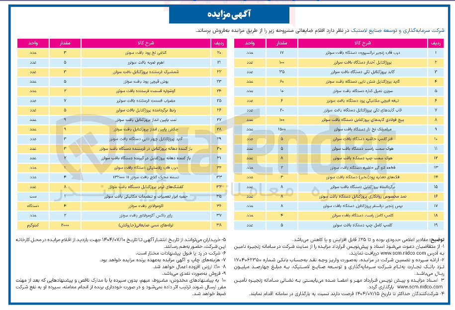 تصویر کوچک آگهی فروش اقلام ضایعاتی در 38 ردیف شامل : درب قاب زنجیر ترانسپورت دستگاه بافت سولزر - پروژکتابل آجدار دستگاه بافت سولزر - گاید پروژکتابل تکی دستگاه بافت سولزر و...