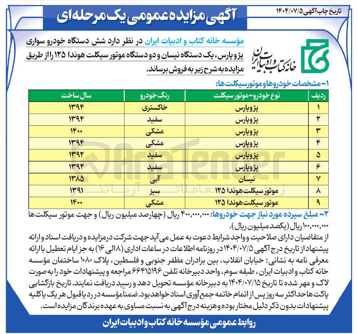 تصویر کوچک آگهی فروش شش دستگاه خودرو سواری پژو پارس ، یک دستگاه نیسان و دو دستگاه موتور سیکلت هوندا ۱۲۵