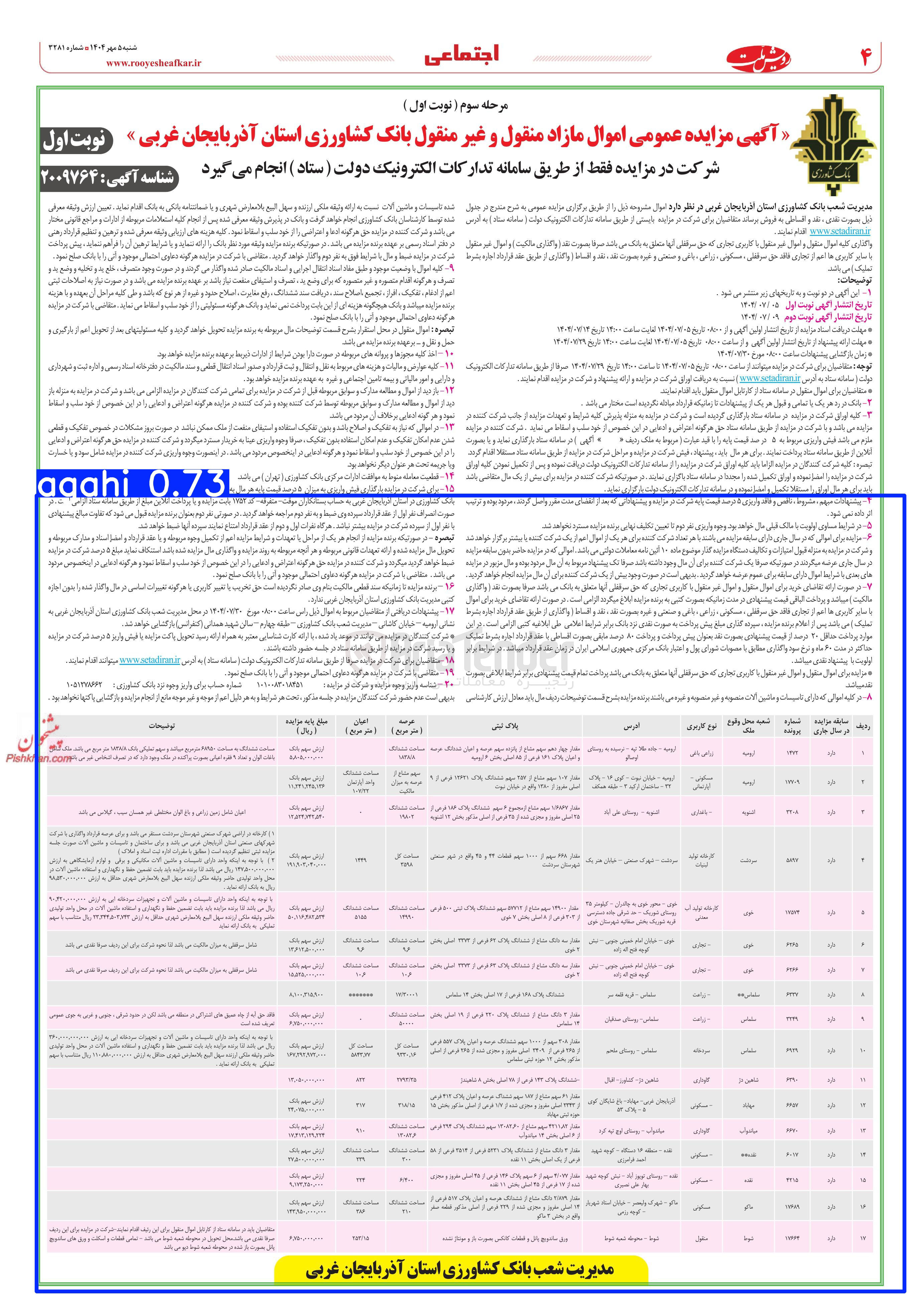 تصویر کوچک آگهی فروش اموال مازاد در 17 ردیف با کاربری مسکونی - گاوداری - زراعت - تجاری - باغداری - سردخانه