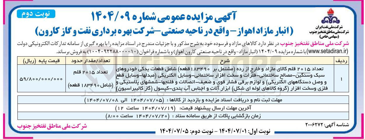 تصویر کوچک آگهی فروش تعداد ۲۰۱۵ قلم کالای مازاد و خارج از رده مشتمل بر ۱۸۳۴۹۰ قطعه شامل قطعات یدکی خودروهای سبک و سنگین - مصالح ساختمانی - فلزات و سخت افزار - ساختمانی وسایل الکتریکی مبدلها - وسایل قطع و وصل دستگاههای الکتریکی و لوازم برقی فشار قوی و ضعیف - اتصالات و فلنجها - شمشهای پلاستیکی و فلزی و سخت افزار گروه کالاهای لوله ای شکل ابزار آلات و اجناس آب بندی کپسول گاز کالیبراسیون