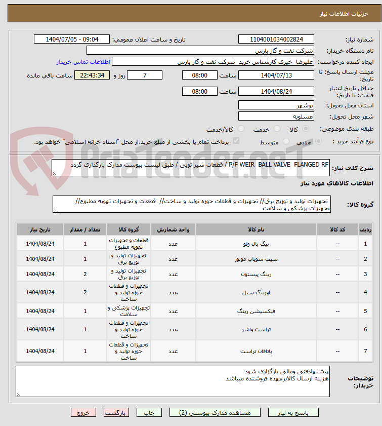 تصویر کوچک آگهی P/F WEIR  BALL VALVE  FLANGED RF / قطعات شیر توپی / طبق لیست پیوست مدارک بارگذاری گردد