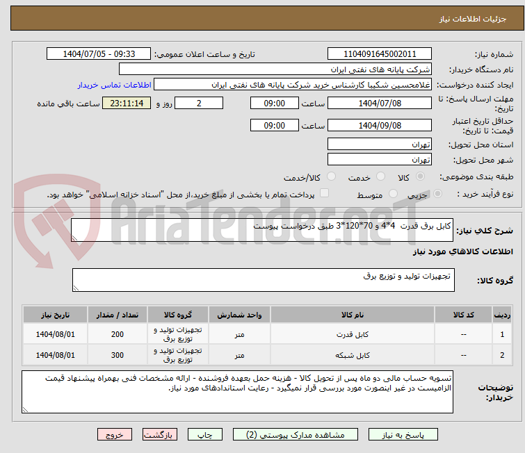 تصویر کوچک آگهی کابل برق قدرت  4*4 و 70*120*3 طبق درخواست پیوست