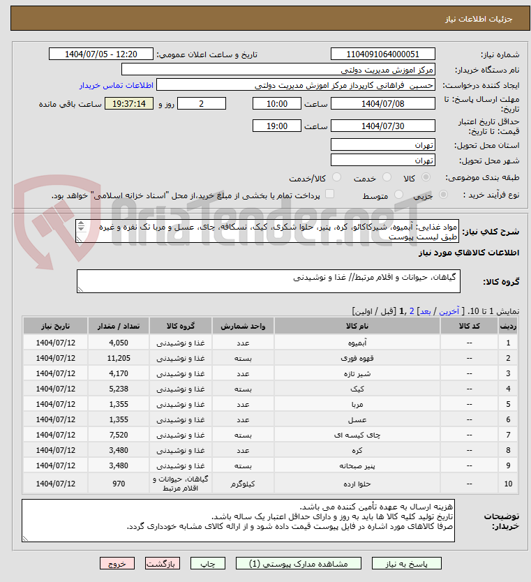 تصویر کوچک آگهی مواد غذایی: آبمیوه، شیرکاکائو، کره، پنیر، حلوا شکری، کیک، نسکافه، چای، عسل و مربا تک نفره و غیره طبق لیست پیوست
