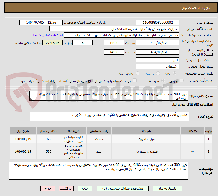 تصویر کوچک آگهی خرید 500 عدد صندلی مبله پشتCNC بیضی و 65 عدد میز حصیری معمولی با شیشه با مشخصات برگه پیوستی
