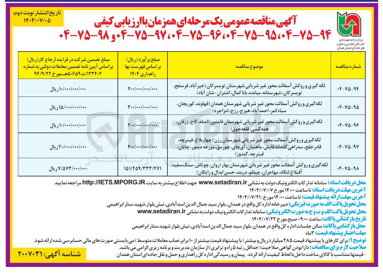 تصویر کوچک آگهی لکه گیری و روکش آسفالت محور غیر شریانی 