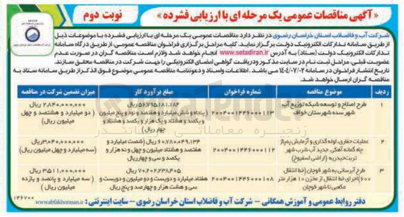 تصویر کوچک آگهی طرح اصلاح و توسعه شبکه توزیع آب 