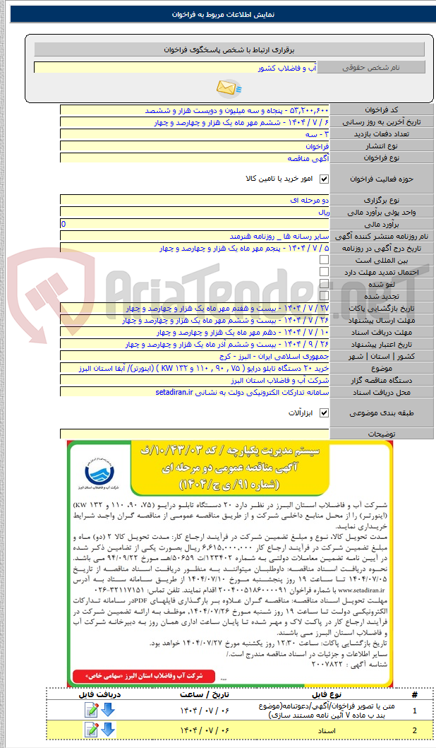 تصویر کوچک آگهی خرید ۲۰ دستگاه تابلو درایو ( ۷۵ , ۹۰ , ۱۱۰ و ۱۳۲ KW ) (اینورتر)/ آبفا استان البرز