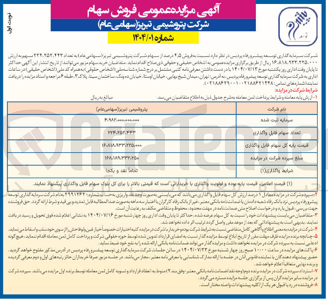 تصویر کوچک آگهی فروش ۵ ٫ ۴ درصد از سهام شرکت